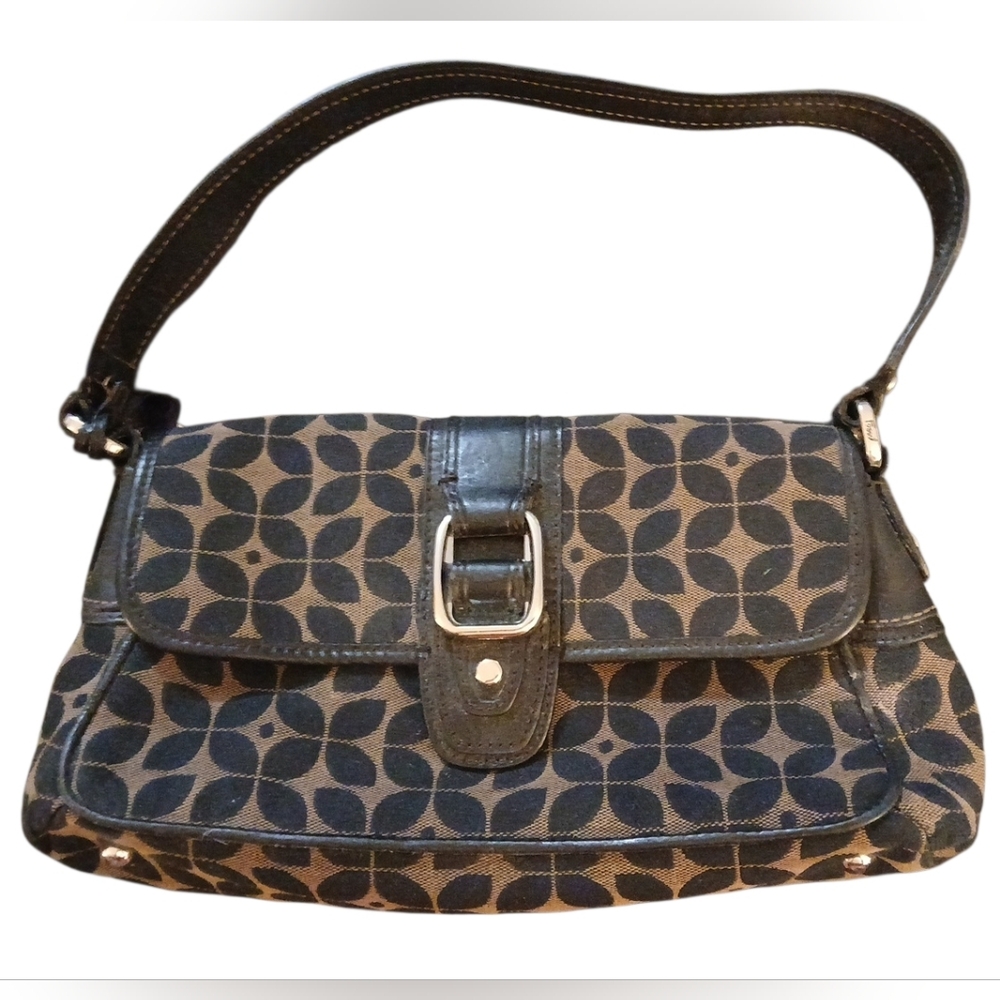 VINTAGE FOSSIL leaf canvas & leather shoulder keeper bag.  Black & Brown.